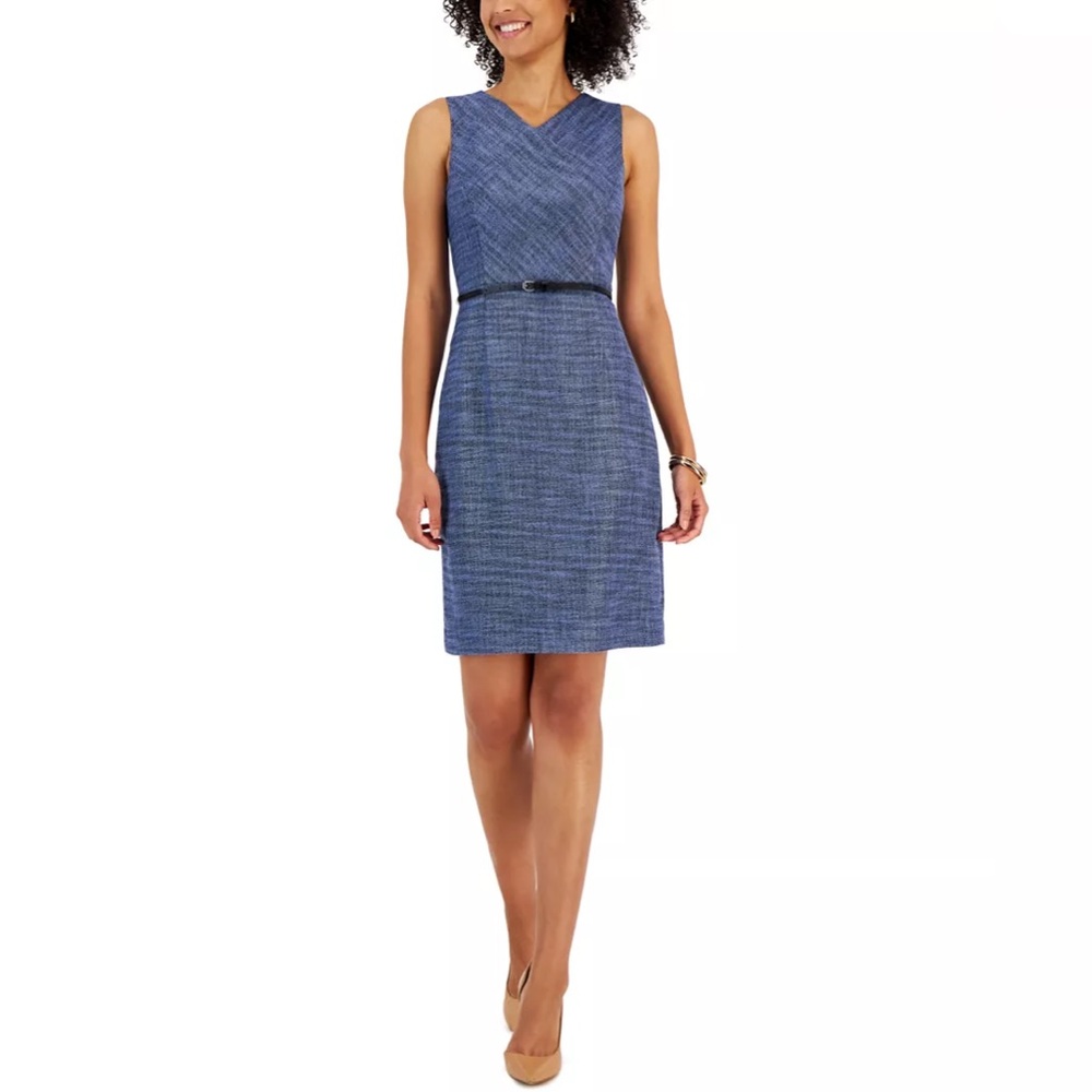 Kasper Petite Sleeveless Belted Tweed Sheath Dress